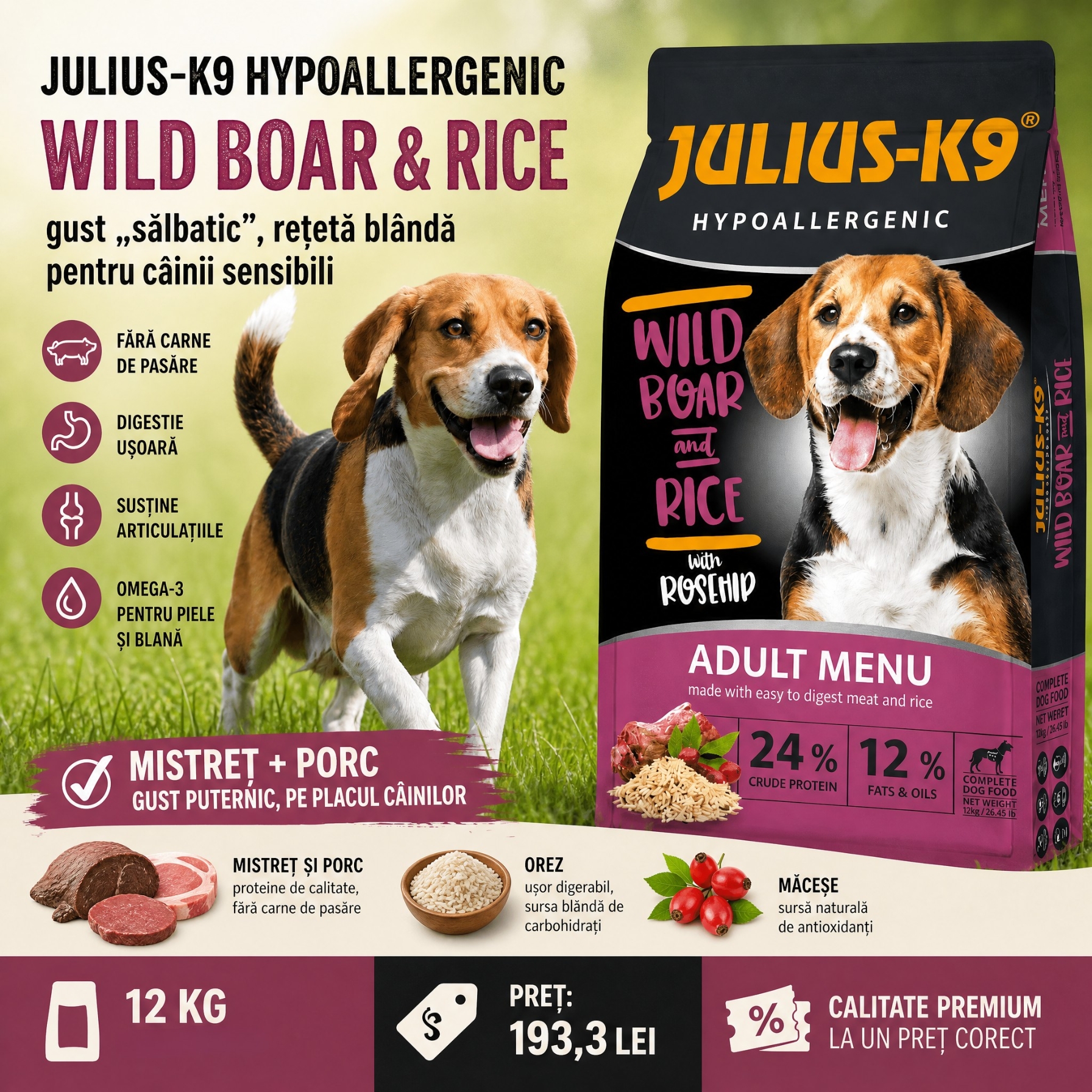 Julius-K9 Hypoallergenic Adult Wild Boar & Rice: gust „sălbatic”, rețetă blândă pentru câinii sensibili