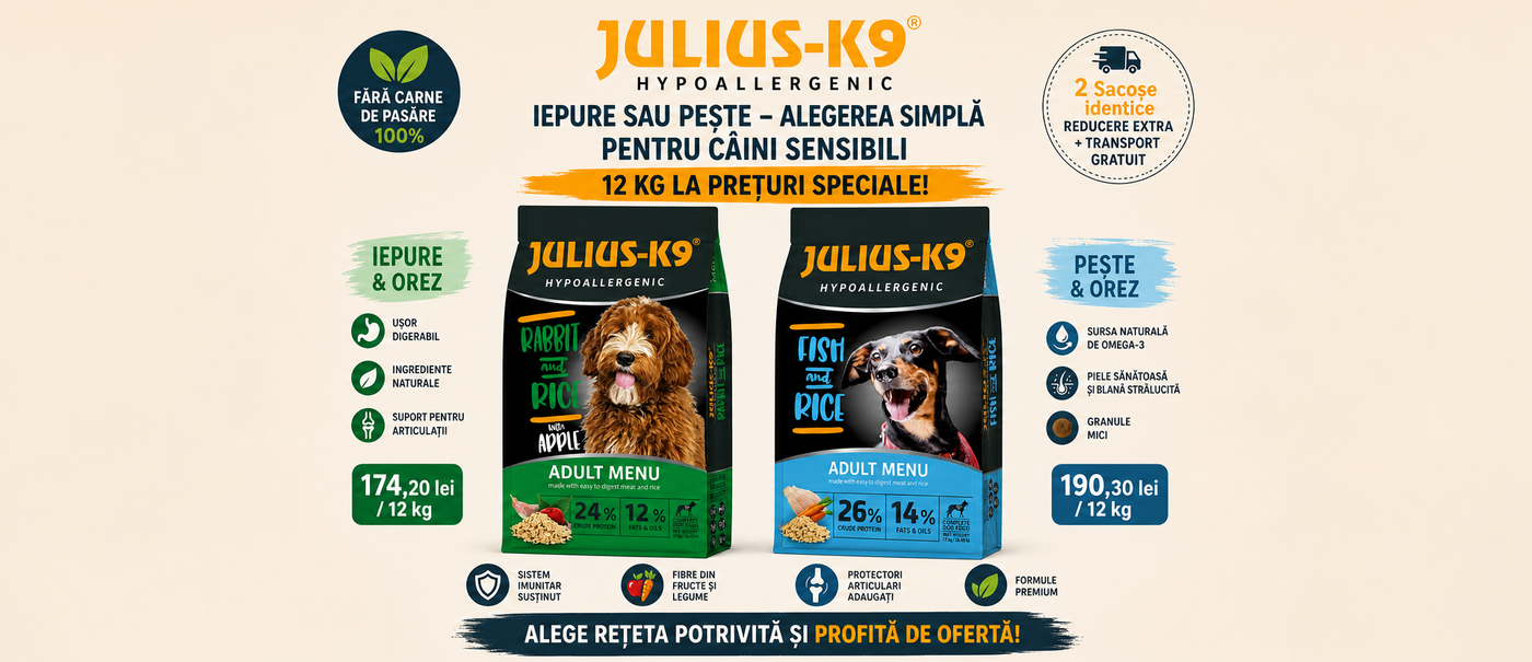 Julius-K9 hipoalergenic la prețuri speciale: iepure sau pește