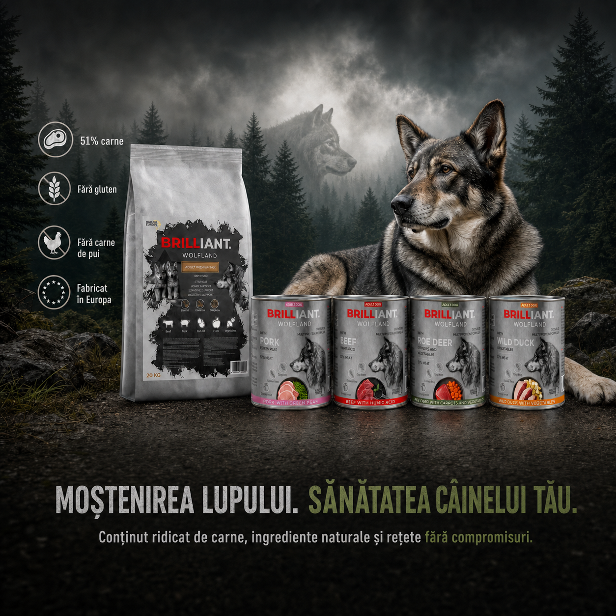 Brilliant Wolfland: hrană fără pui pentru câini de talie medie și mare