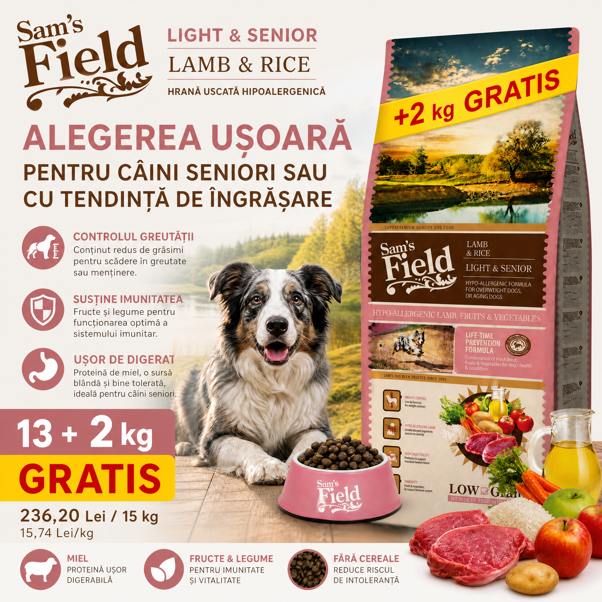 Sam’s Field Light & Senior Lamb & Rice: alegerea ușoară pentru câini seniori sau cu tendință de îngrășare (și acum 13+2 kg gratis)