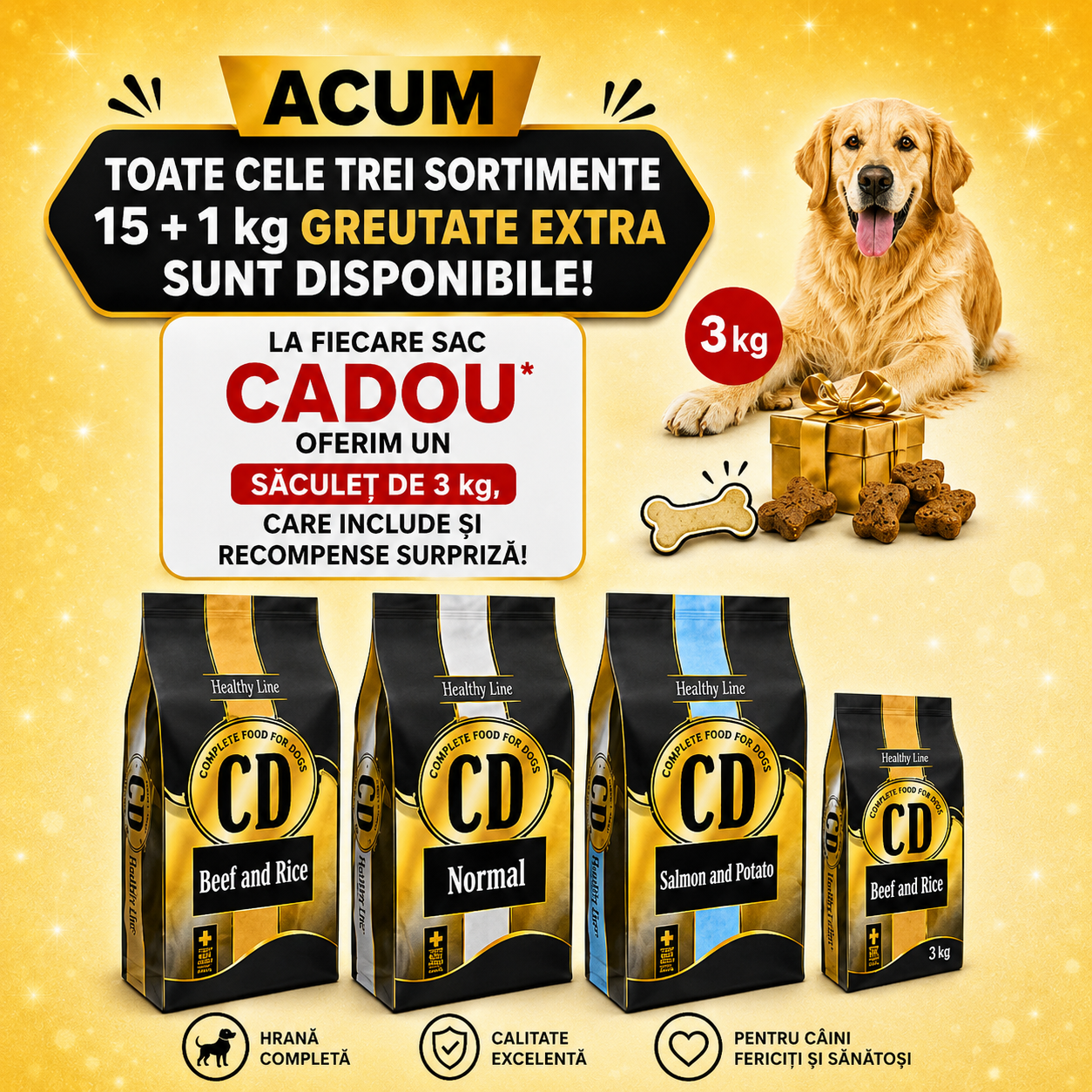 Hrană CD cu greutate suplimentară, sac de 3 kg cadou și recompense-surpriză