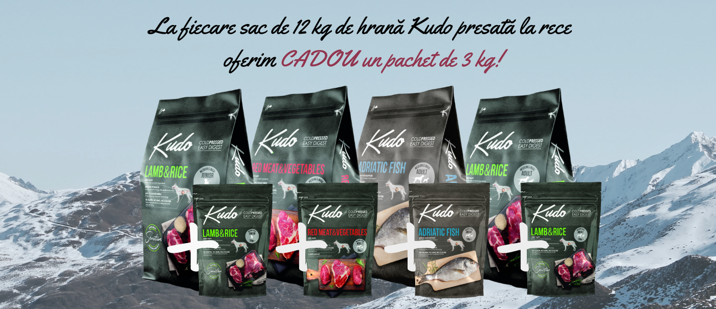 La fiecare sac de 12 kg de hrană Kudo presată la rece  oferim CADOU un pachet de 3 kg!