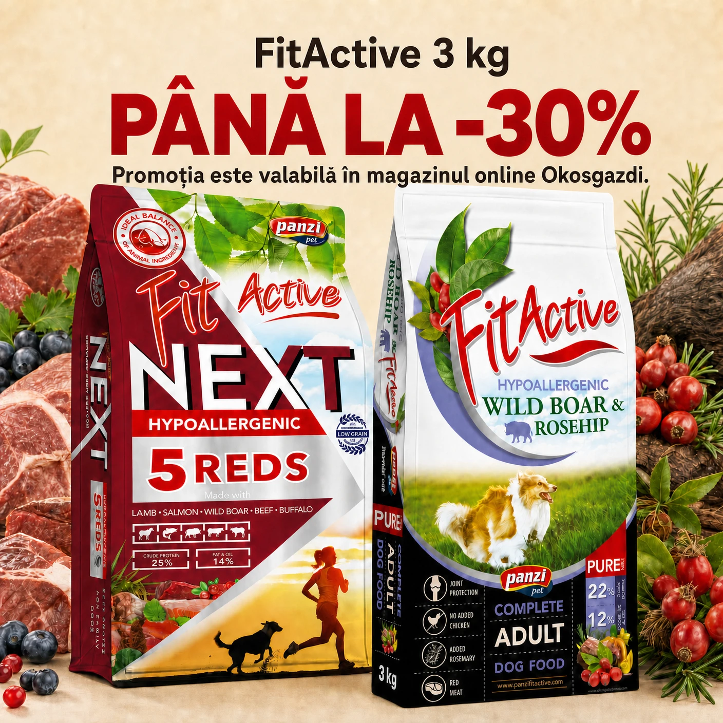 FitActive Next 5 Reds și FitActive Pure Hypoallergenic Wild Boar & Rosehip