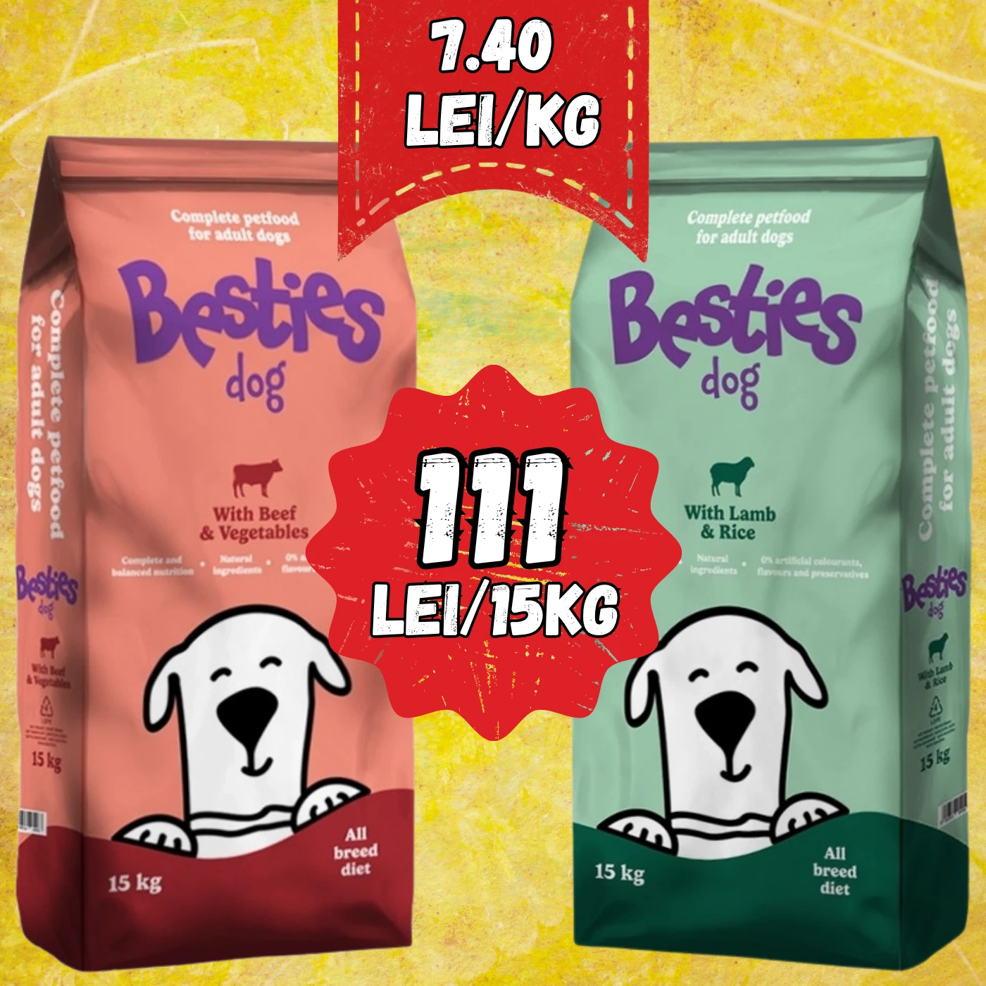 Hrană uscată Besties pentru câini – vită și legume, miel și orez – sac 15 kg