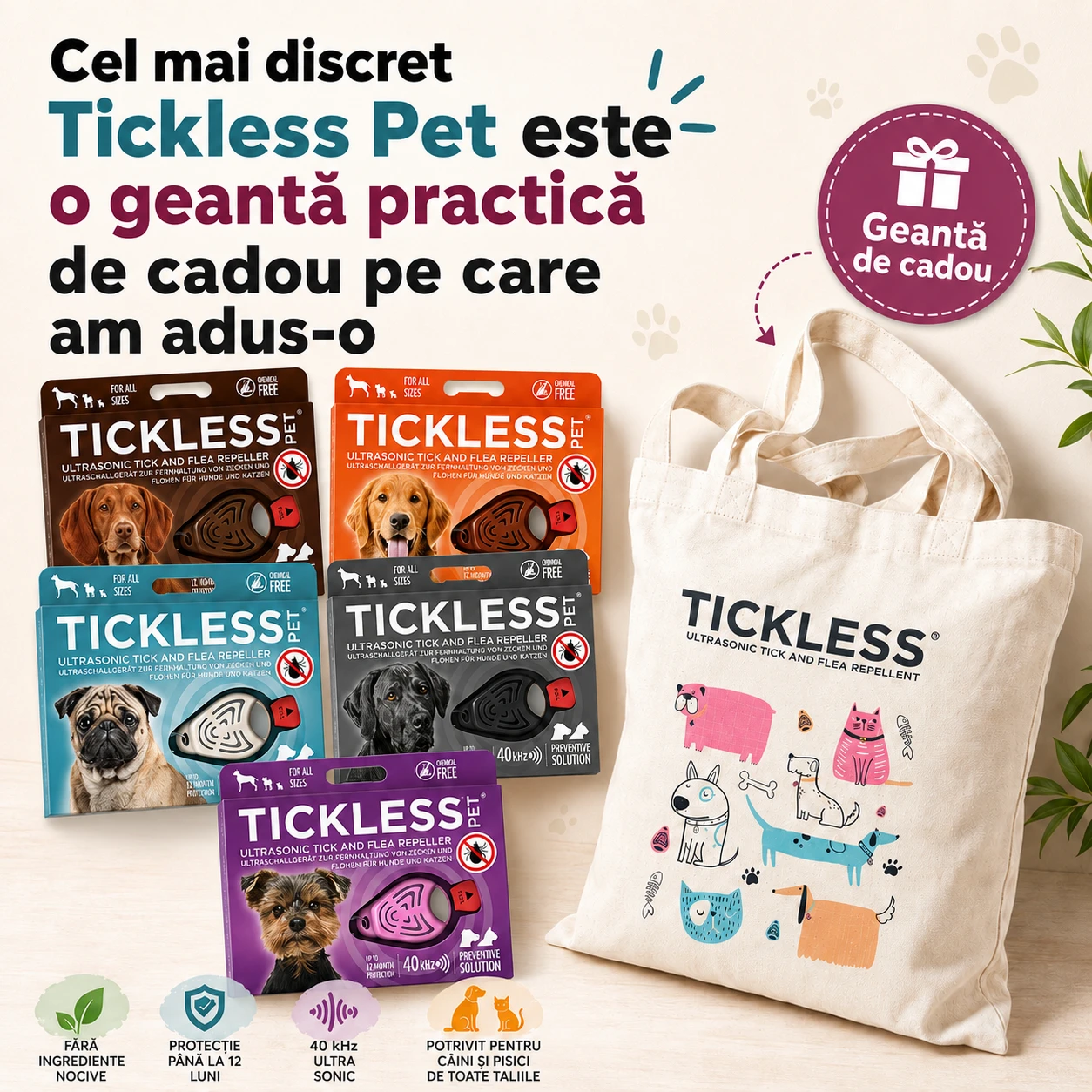 Acum, la fiecare Tickless Pet, oferim cadou o sacoșă practică din material textil