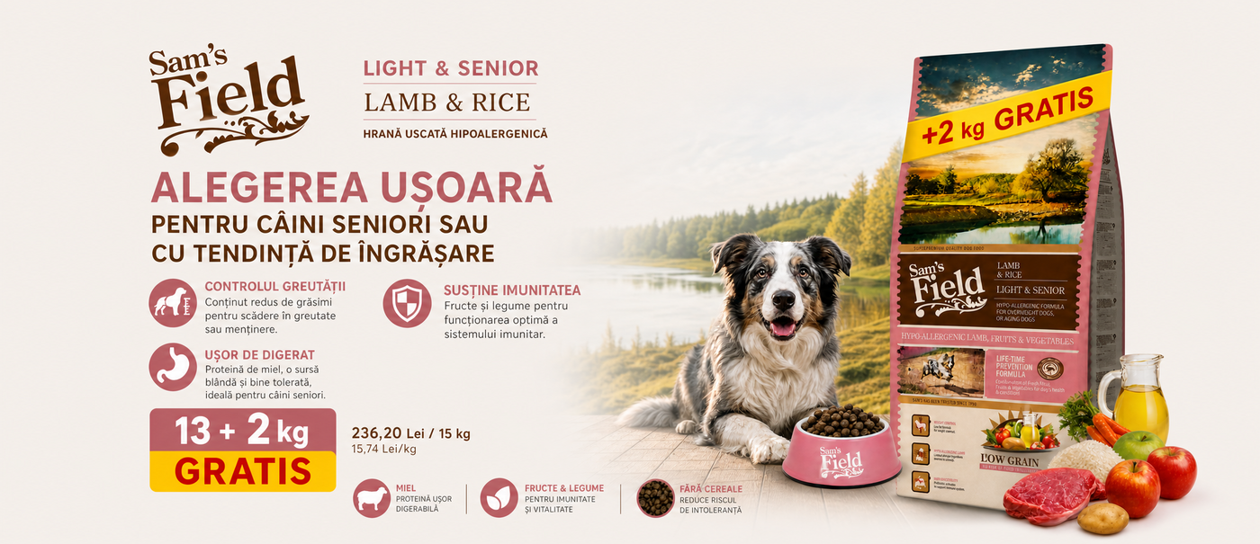 Sam's Field Lamb & Rice Light & Senior hrană câini