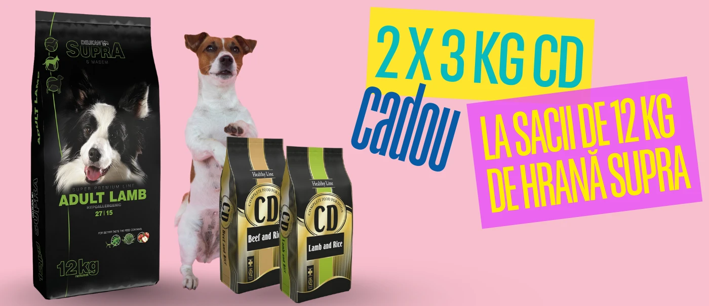 Acum oferim 2 x 3 kg de hrană CD cadou la sacii de 12 kg de hrană pentru câini Supra!