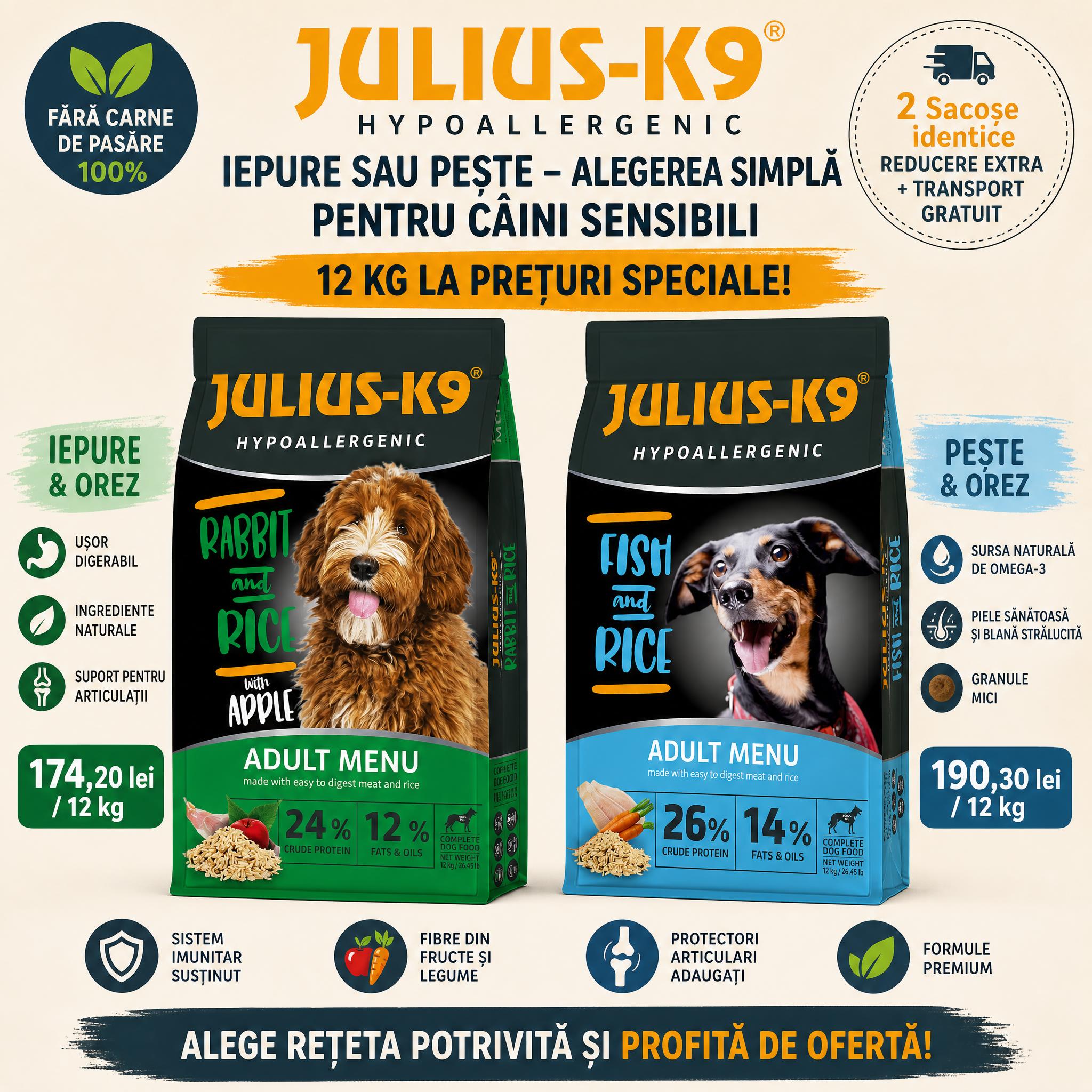 Julius-K9 Hypoallergenic la prețuri speciale: iepure sau pește – alegerea simplă pentru câini sensibili
