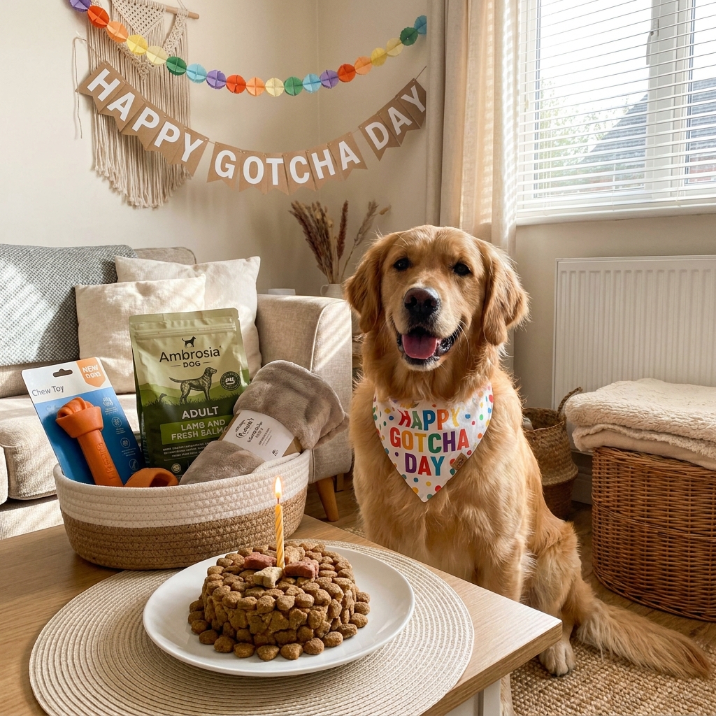 Câine golden retriever la gotcha day, cu batic festiv și tort din hrană pentru câini