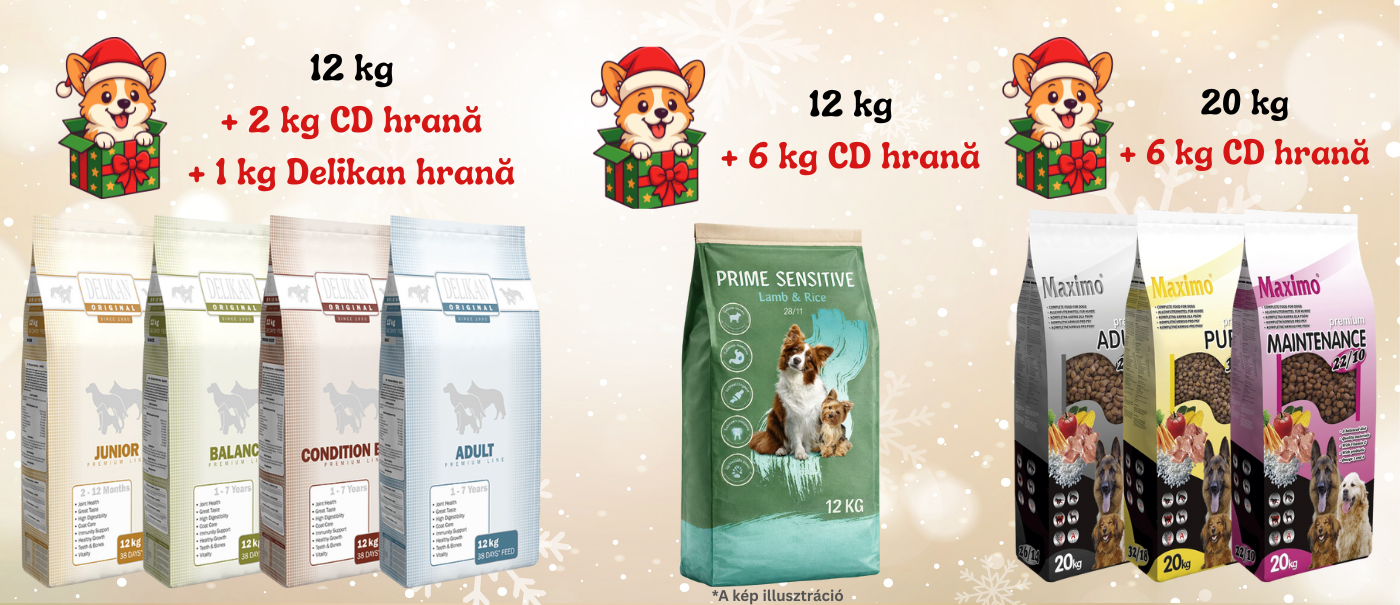 Te așteaptă kilograme de hrană pentru câini cadou la comanda de produse Maximo și Delikan