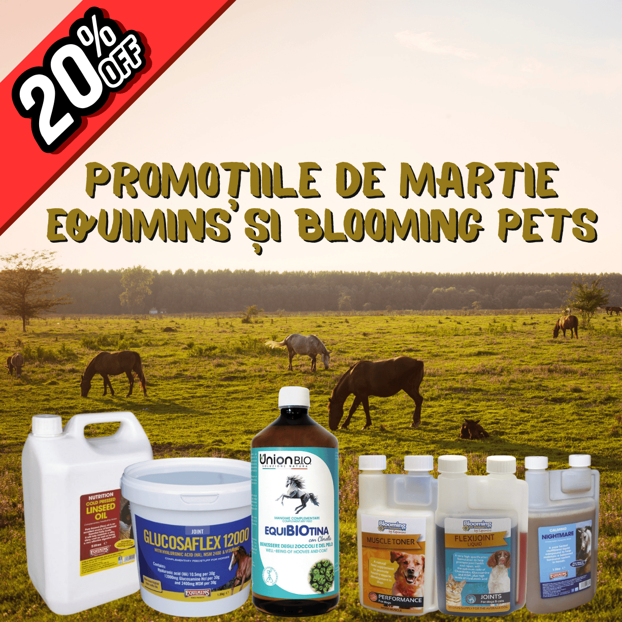 💪 Și în luna martie susținem vitalitatea animalelor tale de companie – noi produse Equimins și Blooming Pets cu 20% reducere